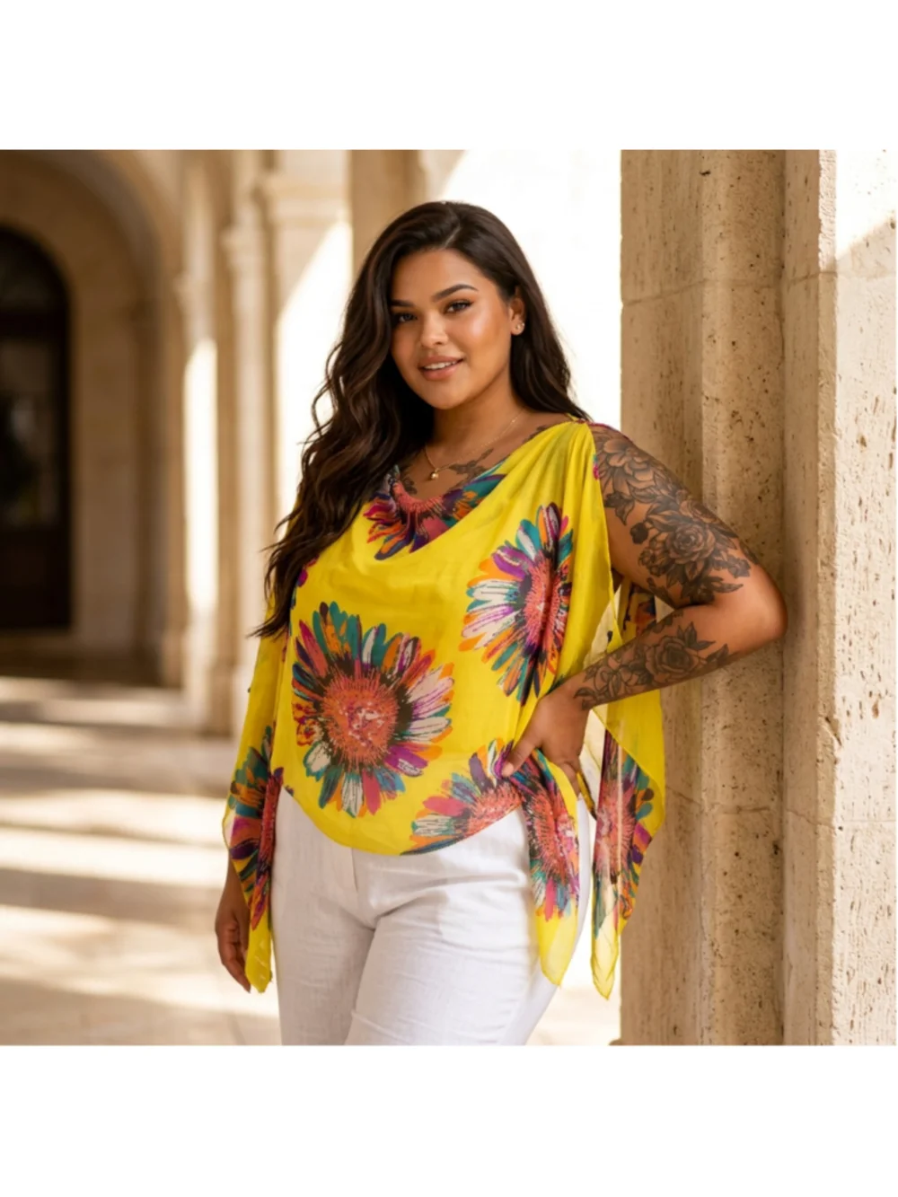 Beautiful Floral button Sleeve One Size Yellow Multicolor Blouse Poncho Scarf
